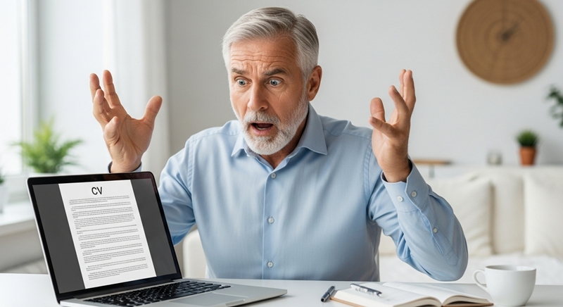 over 50 male updating CV on laptop throwing his hands up in exclamation