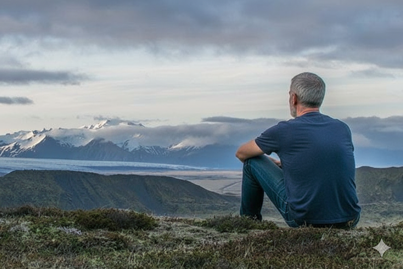 Grey Haired Man Surveying Mountains Ahead