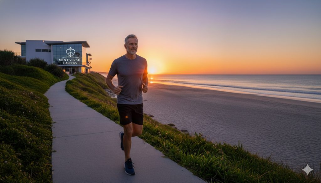 Man Jogging Over 50s In the Sunset by the sea