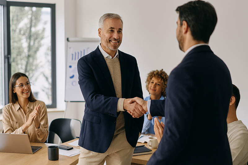 Older 50 plus Man Shakes younger Boss Hand On First Day of new job